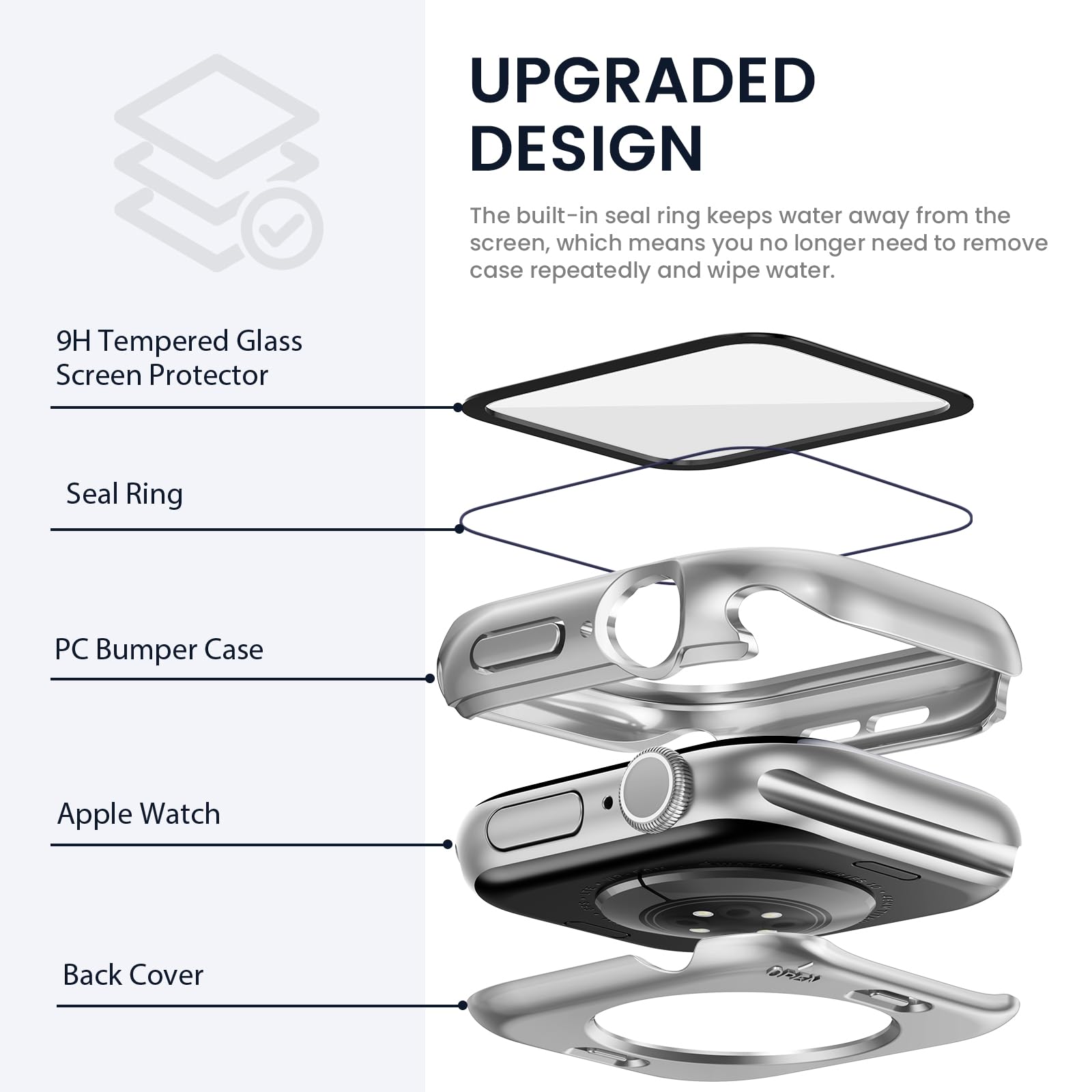 Kamita Wodoodporna obudowa kompatybilna z Apple Watch Series 11/Series 10 46mm, twarda obudowa PC z etui ochronnym ze szkła hartowanego, pełna osłona ochronna dla iWatch11/iWatch10 (srebrna)