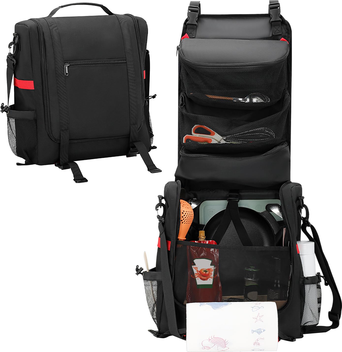 Large Camp Kitchen Organiser, Hanging Camping Kitchen Essentials Organiser with Paper Towel Holder & Multiple Pockets for Utensils, Portable Camping Cookware Storage Bag for Outdoor Cooking, Bag Only