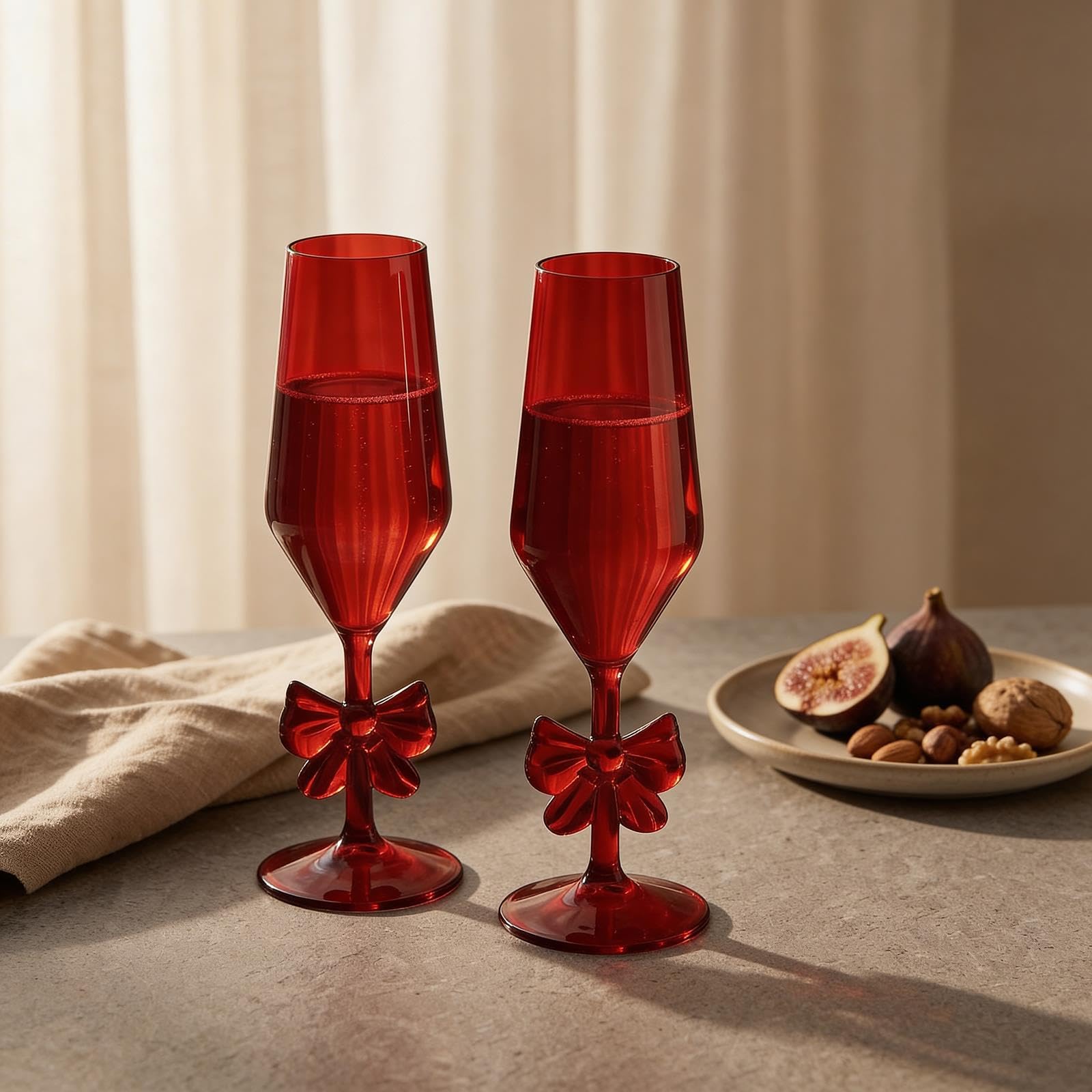 OHS Bow Plastic Champagne Flutes Set of 2 Prosecco Wine Glasses, Red