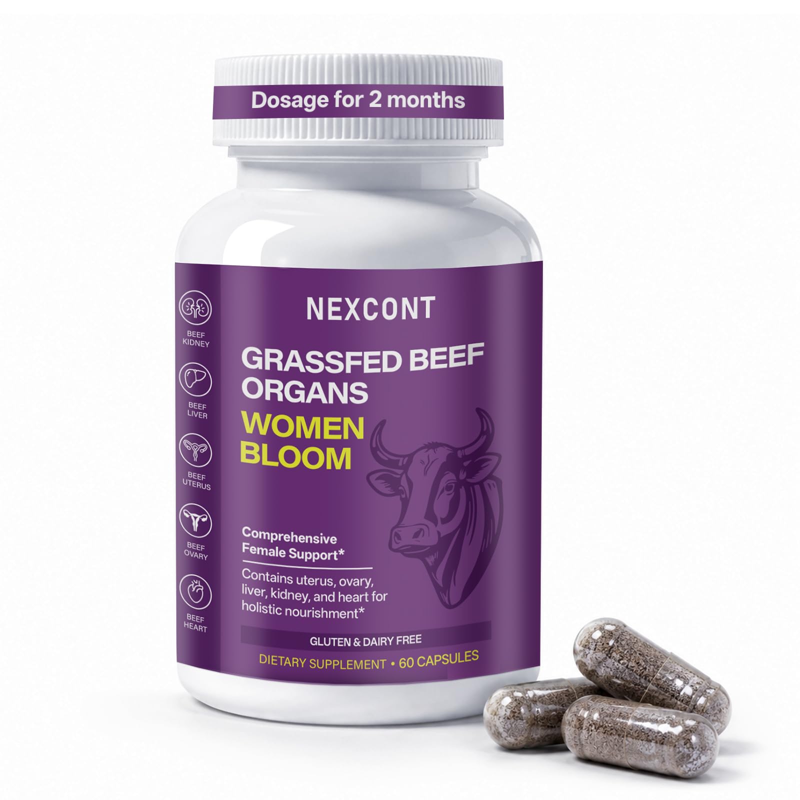 Beef Organ Supplement for Women Grass Fed Whole Food Nutrition, 60 Capsules