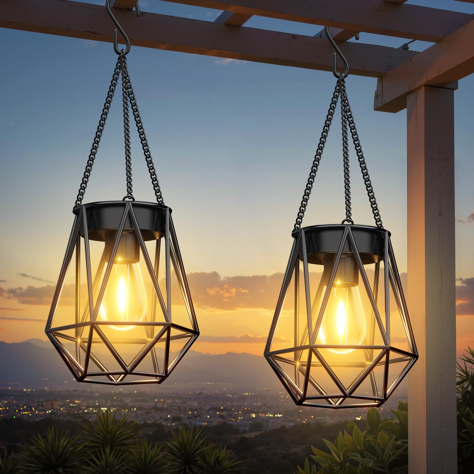 RECHOO Solar Lights - 2 Pack Hanging Garden Lanterns, Metal Warm White Waterproof Outdoor Lanterns for Decoration, Pathway, Patio
