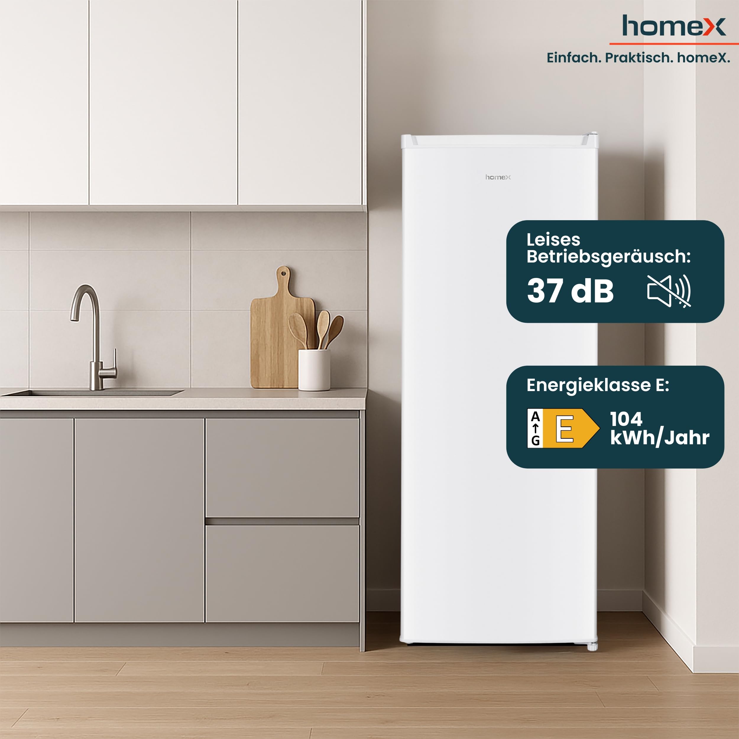 homeX CS2422E-W Kühlschrank ohne Gefrierfach groß 242 Liter freistehend | Vollraumkühlschrank, leiser Standkühlschrank, Fridge, Getränkekühlschrank, 5 Ablagen, LED-Beleuchtung, 143 cm hoch, weiß