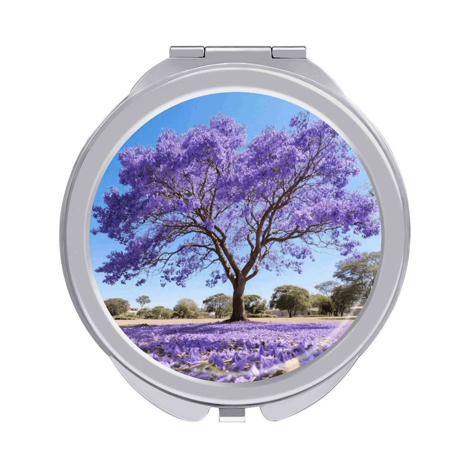 FodPand Compact Hand Mirror with 1x/2x Magnifying Round Travel Makeup Mirror Mini Foldable Jacaranda Cosmetic Mirrors Travel Essentials Gift for Women Girl Portable for Pocket Purse -Silver