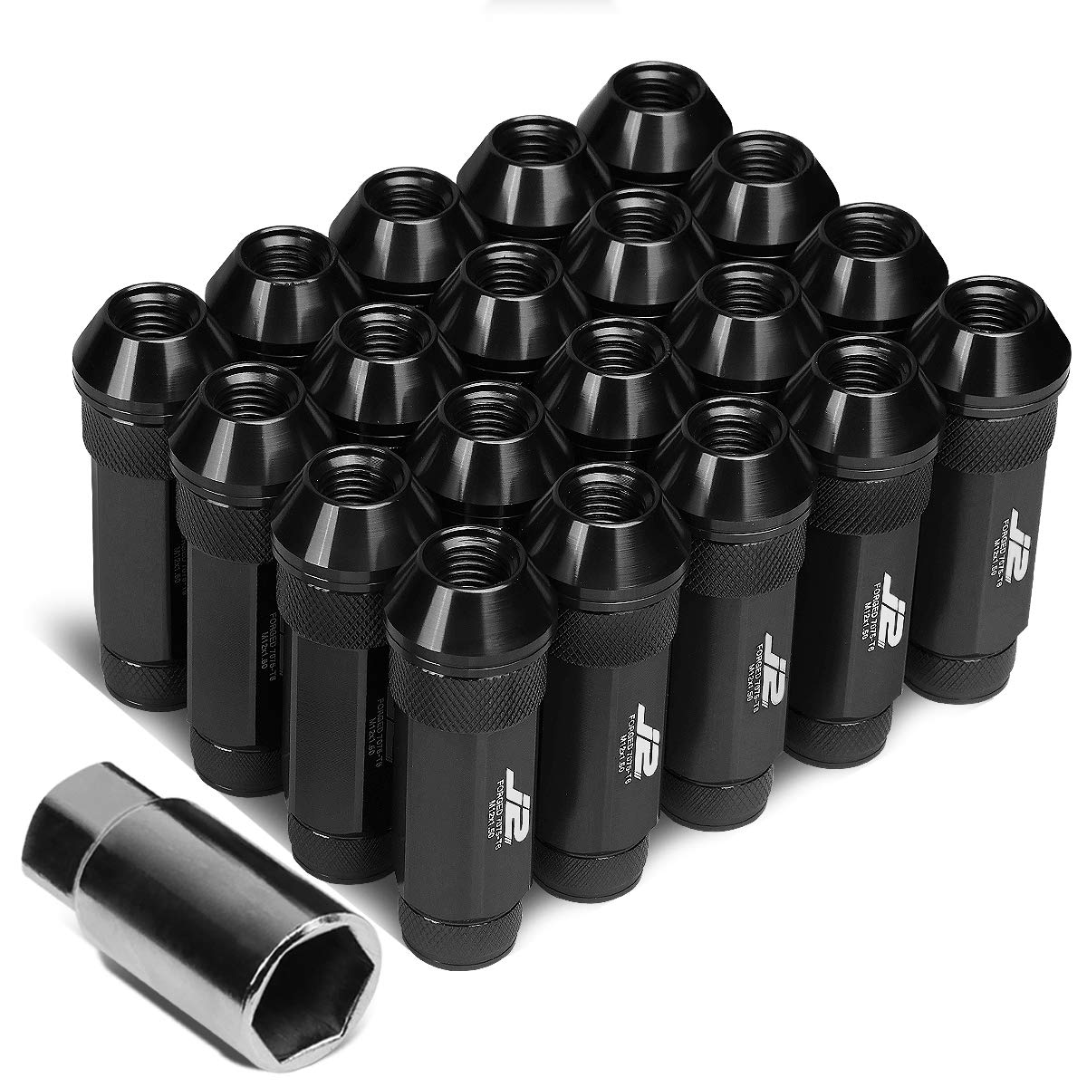 J2 Engineering LN-T7-026-15-BK 7075 Aluminum M12 x 1.5 25mm OD / 70mm 20x Lug Nut + 1x Key, Black