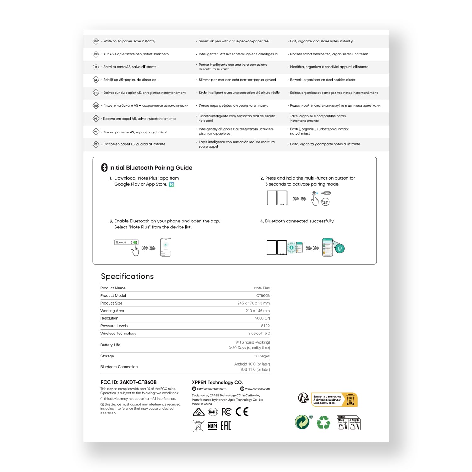 XPPen Note Plus A5, digitales Notizbuch mit Bluetooth 5.3 | Offline-Speicher für 50 Seiten, integrierte Bearbeitungswerkzeuge, Android/iOS-Synchronisierung