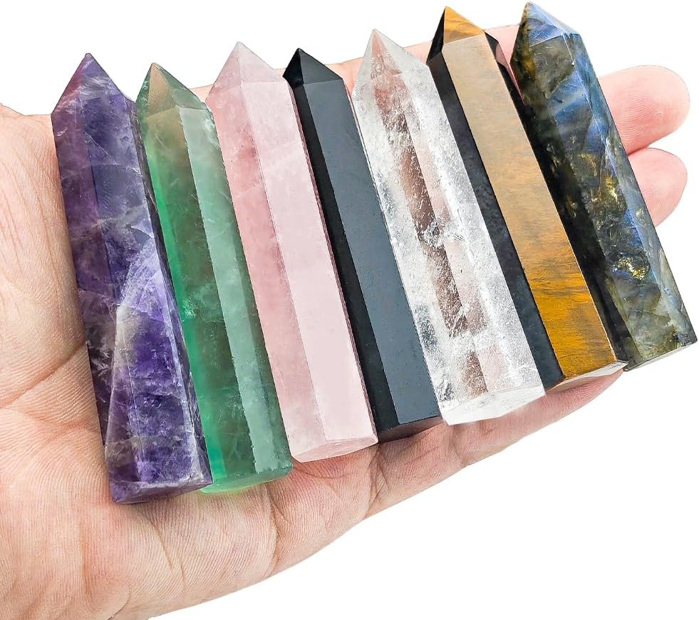 7pcs Set Natural Stone and Crystals Point Wand Reiki Healing Stone Rose Quartz Amethyst Home Decor Mineral Stones Crafts Crystal (2.75-3.15inch Wand)
