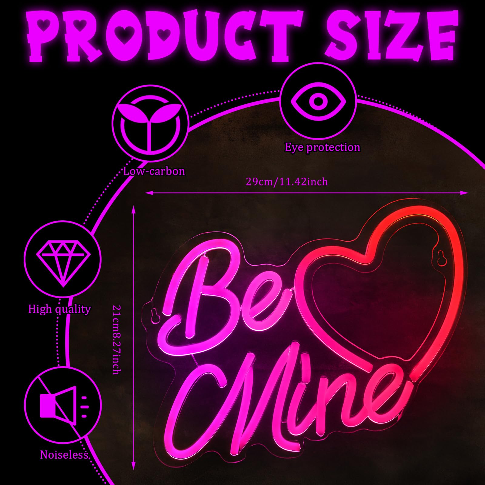 Huquary Neonowy znak w kształcie serca, walentynkowy znak "Be Mine" o wymiarach 40 x 21 cm, walentynkowa lampa okienna LED, zasilanie USB, na ślub, zaręczyny, dekoracja ścienna