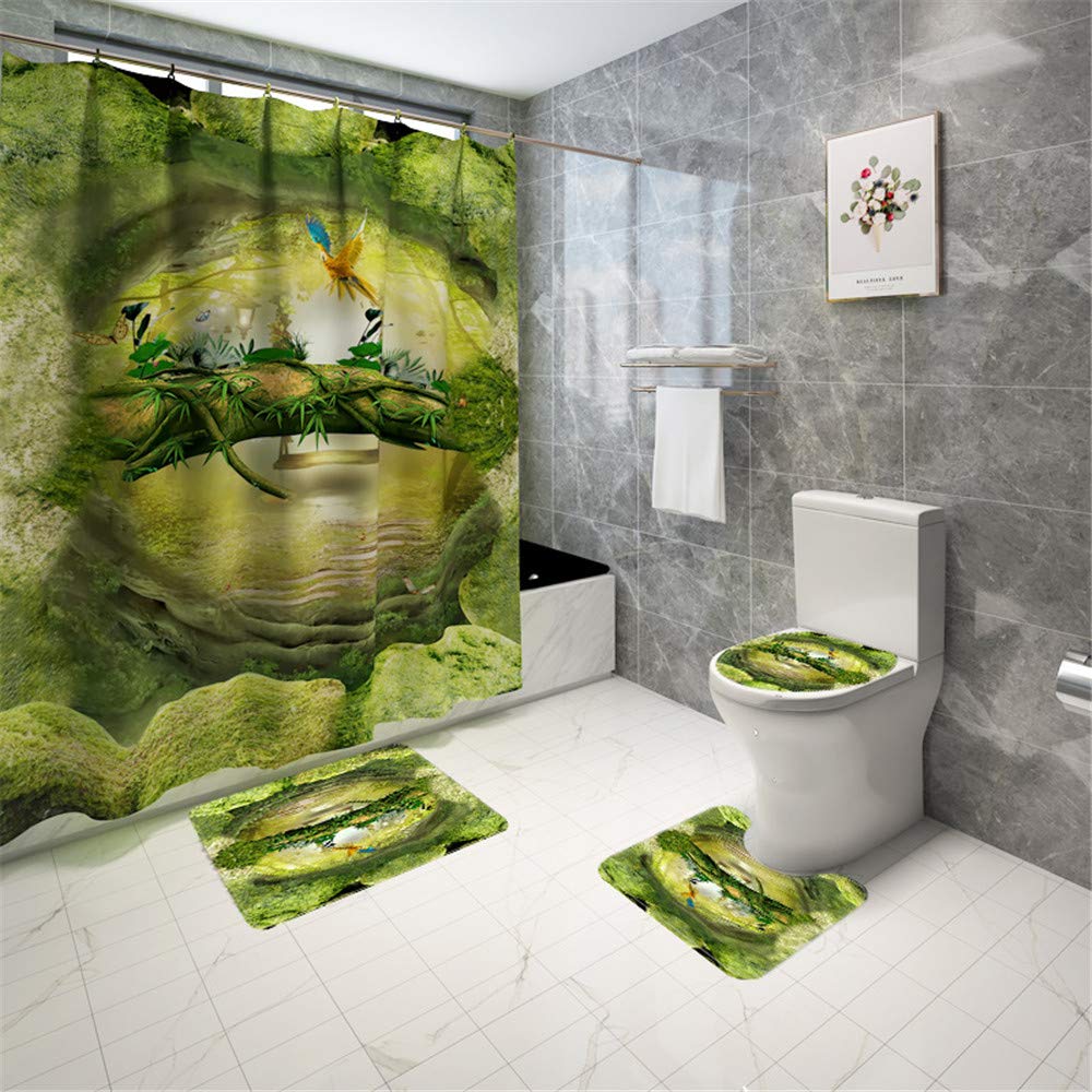 4-teiliges Duschvorhang-Set Libelle Grün – Mit Matte, WC-Deckelbezug & 12 Haken