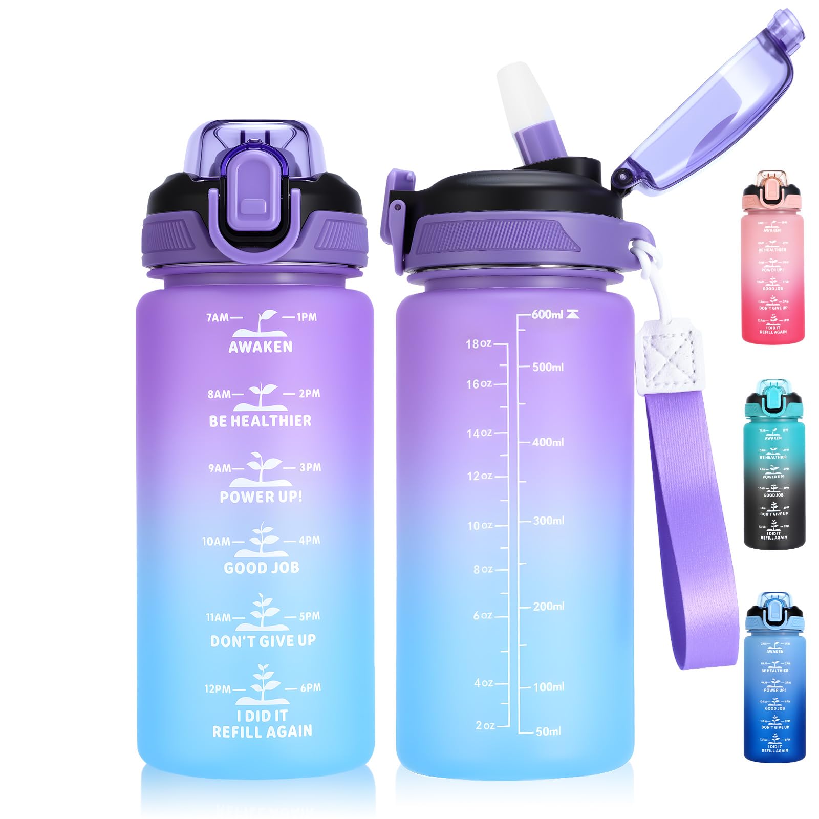 SUPPRUI Water Bottle With Straw, 600ml Drink Bottle for School, Leakproof BPA-Free Tritan Motivational Drink Bottles (Purple Blue)