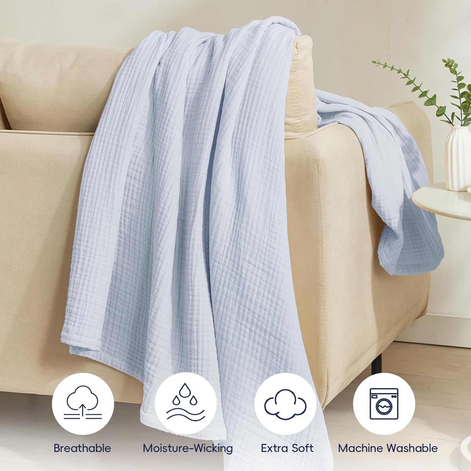 PHF 100% Cotton Muslin Throw XL Blanket Large 50" x 70", 4-Layer Lightweight Gauze Throw, Breathable Cloud-Soft Minimalist Blanket for Bed, Couch, Camping, Ancient Water, Ideal Gift