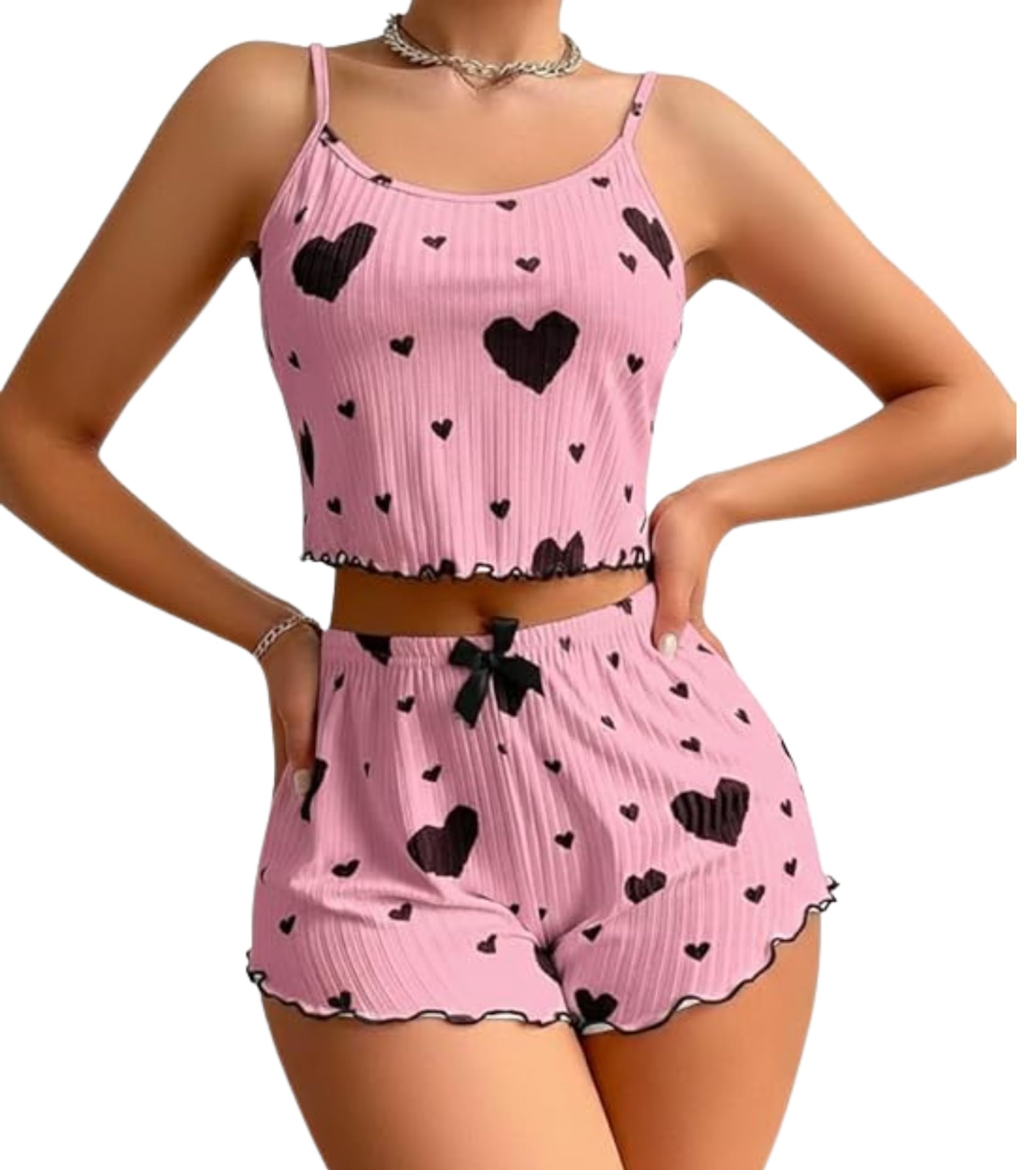 VelvetAllure Women’s Heart Print Cami Shorts Pajama Set | Silk Feel Lace Trim Babydoll Nightwear | Spaghetti Strap 2 Piece Ribbed Sleepwear with Bow Detail | Summer Ladies Night Suit-picture-26