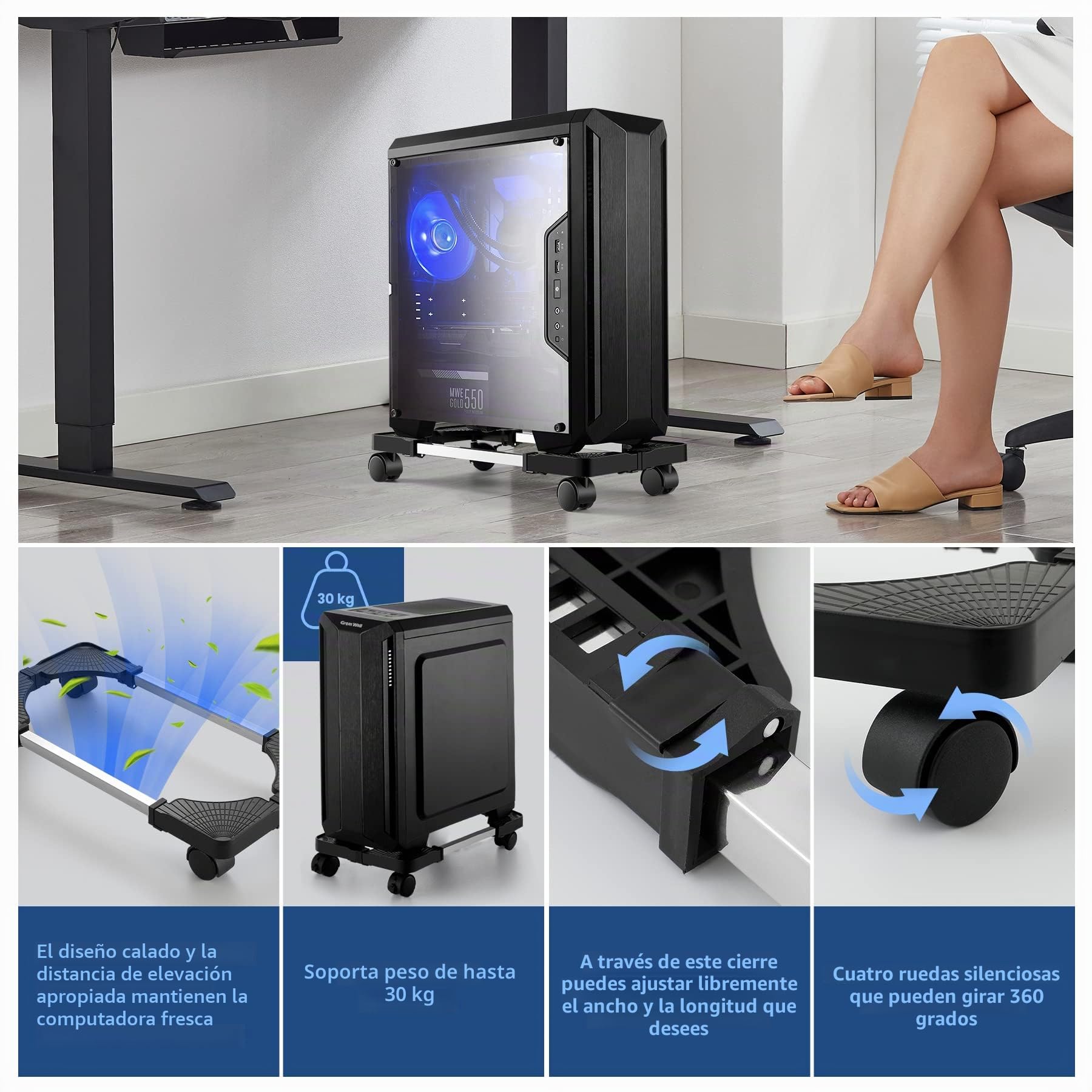 Soporte para PC, Soporte Escritorio Ordenador, Soporta hasta 25kg, Soporte Universal Ajustable CPU Ruedas con función de Bloqueo-Negro