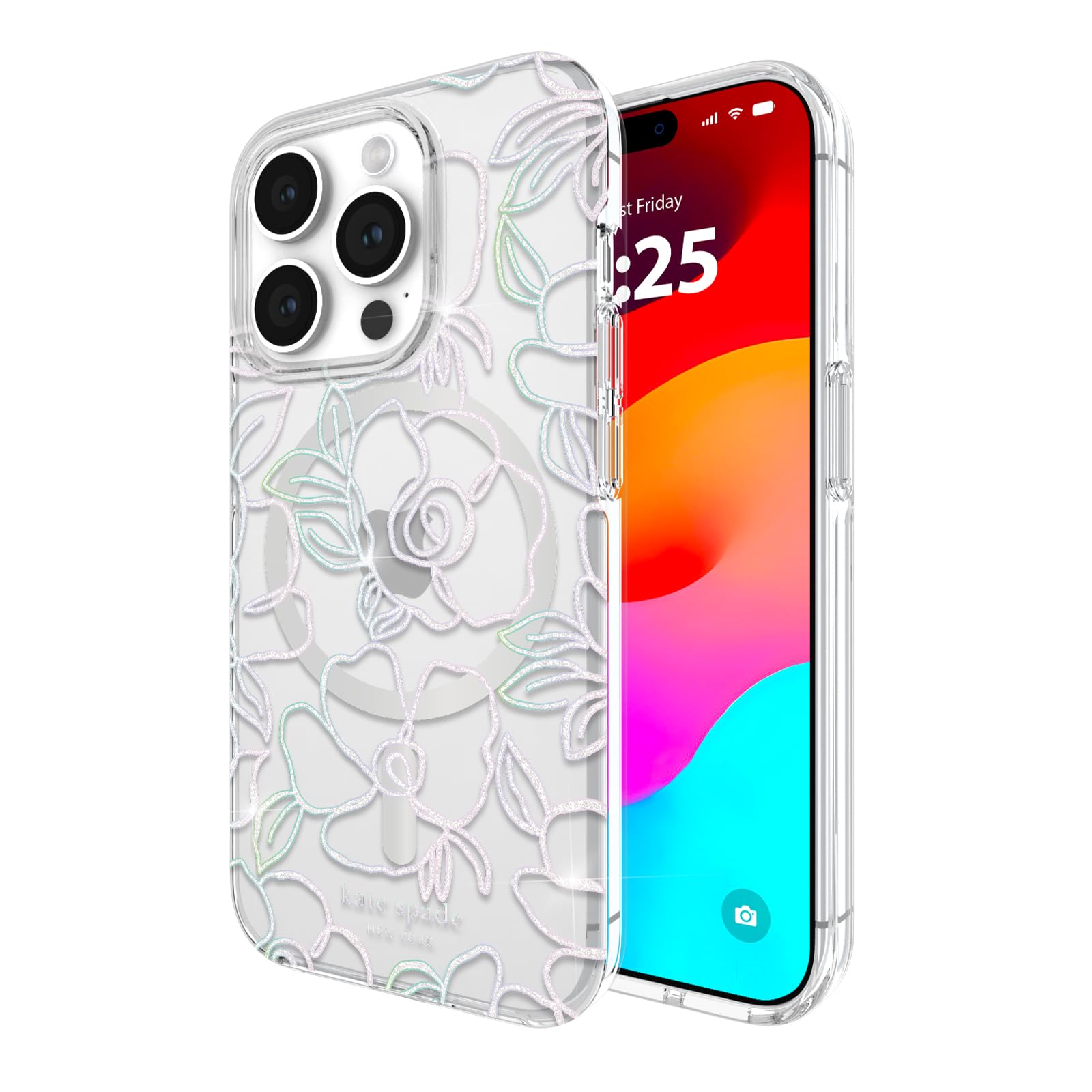 Kate Spade New York iPhone 15 Pro Case, Compatible with MagSafe - Modern Flower Silver