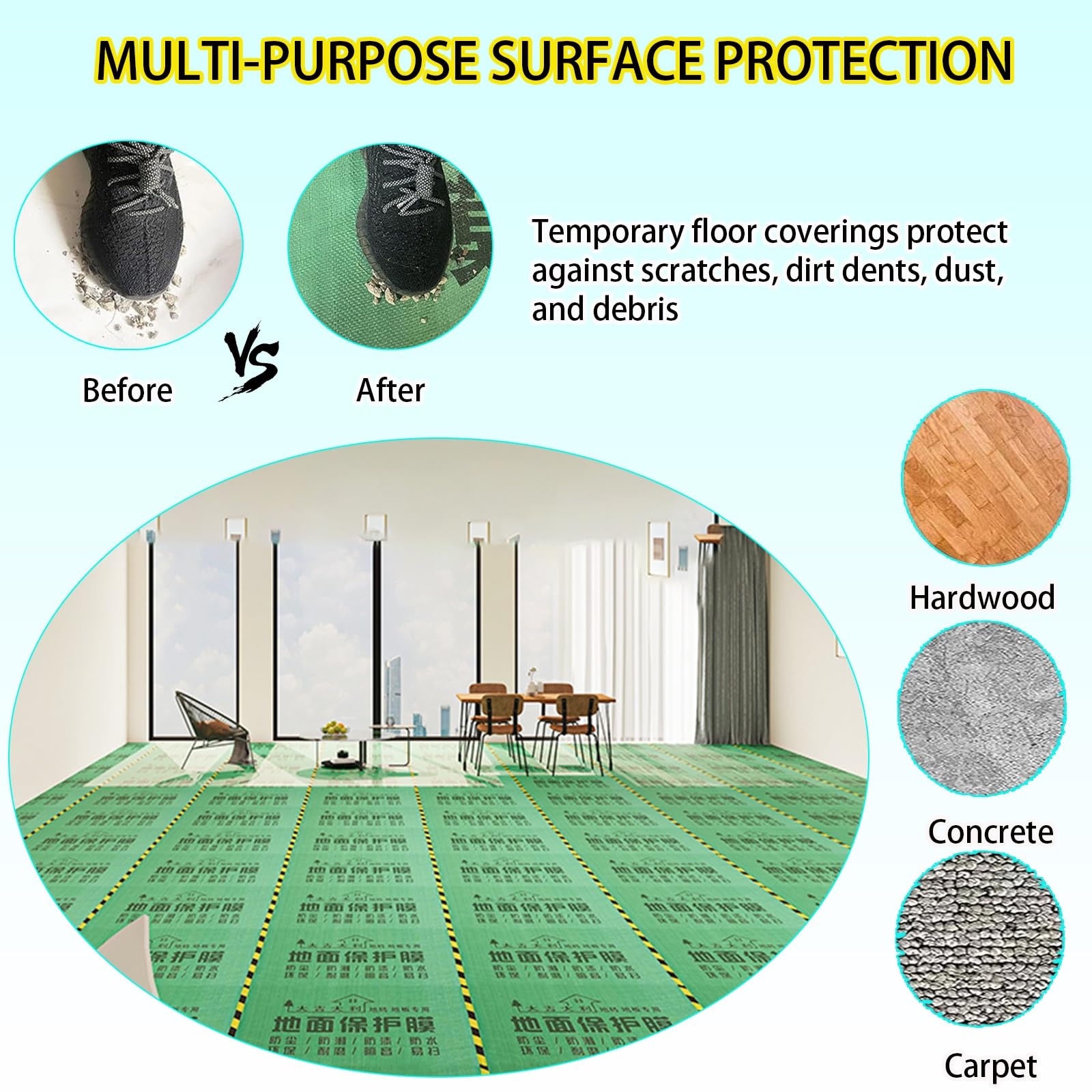 Película de protección de Piso Protector Antideslizante for alfombras de Alta Resistencia, Rollo de protección Temporal for Pisos de Madera, Azulejos y bañeras.(2mm/0.08in,500sq(w3.9XL137'))