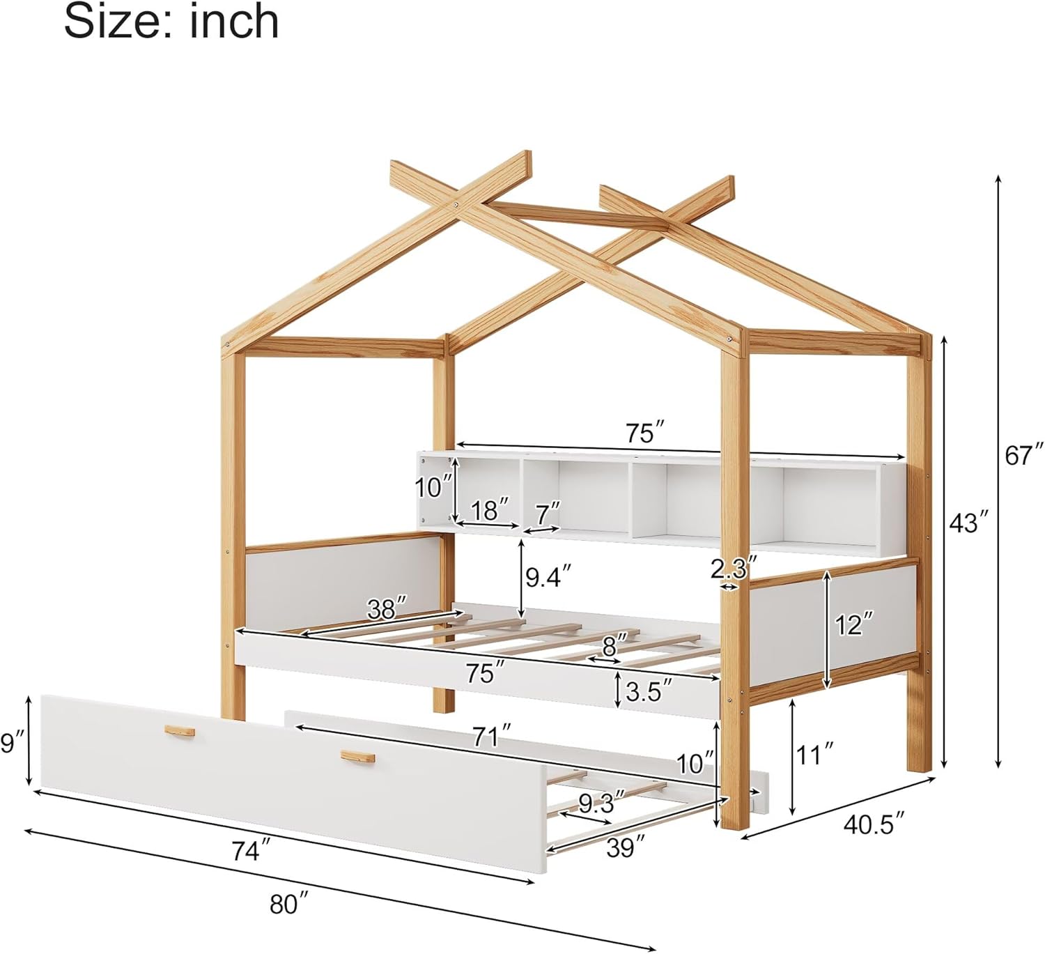 Twin Size Wooden House Bed with Twin Size Trundle and Bookshelf Storage Space, Original Wood Colored Frame with Roof and Slats Support for Kids Teens Girls Boys Bedroom (White+Trundle, Twin)