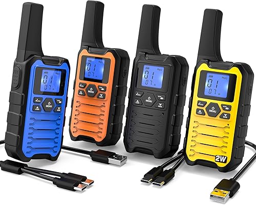 Wishouse Walkie Talkies K15 de largo alcance para adultos, radios recargables bidireccionales, paquete de 4, 2 W FRS, 22 canales, USB-C, linterna,