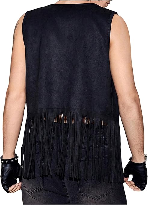 【tyn.TGOR】Hand needle fringe vest グレー GORGLITTER Men's Fringe Western Vest Open Front Cowboy Vest
