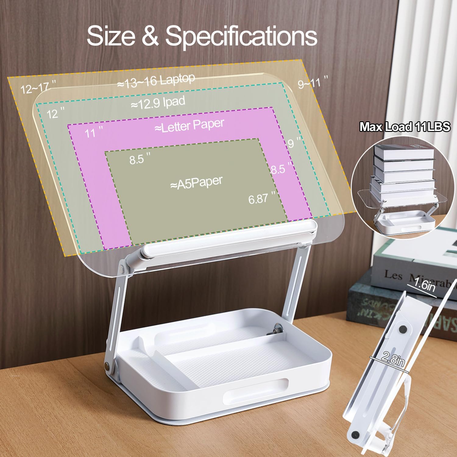 ZOEY Acrylic Book Stand for Reading Adjustable Book Holder with 360 Rotating Base and Storage Foldable Desktop Riser Stand for Cookbook Laptop Tablet Textbook Music Score with Page Clip 13.4x9.3x2.8in