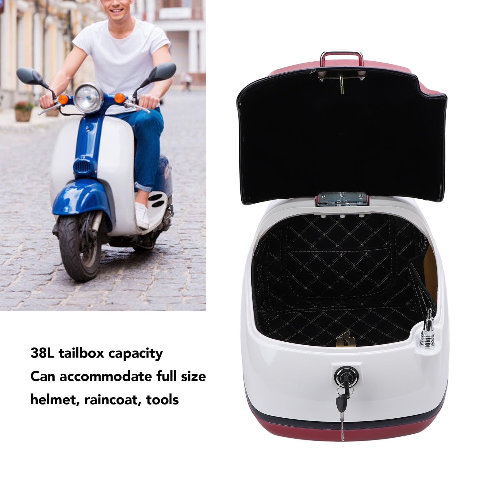 Akozon Boîtier Supérieur de Moto Résistant à l'eau, Style Rétro, Boîte de Rangement Arrière de 38l, Coffre Arrière de Moto, Scooters électriques (Rouge foncé)