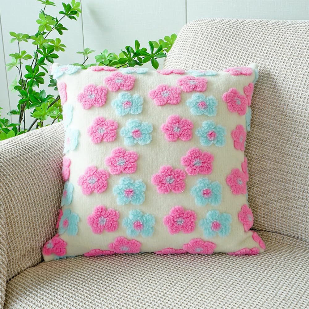 SKXKJian Spring Summer Decorative Throw Pillow Covers 18x18 Farmhouse Decor Pink Blue Cute Flower Soft Plush Faux Fur Jacquard Pillowcase Cushion for