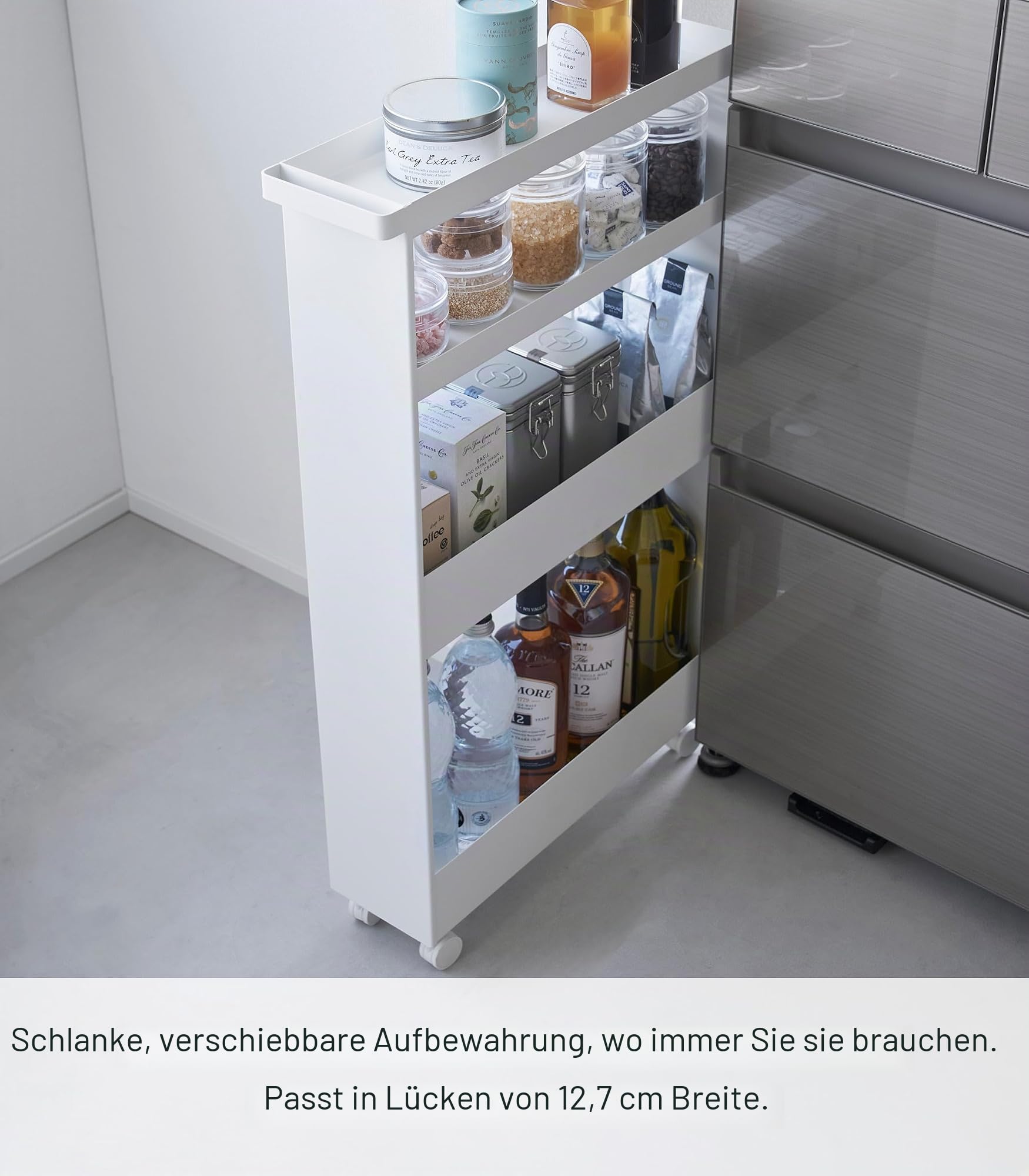 YAMAZAKI 1806 Tower Schlanker 4-stöckiger Aufbewahrungswagen, weiß, Stahl/Nylon, minimalistisch, 48 x 13 x 80,5 cm (L x B x H)