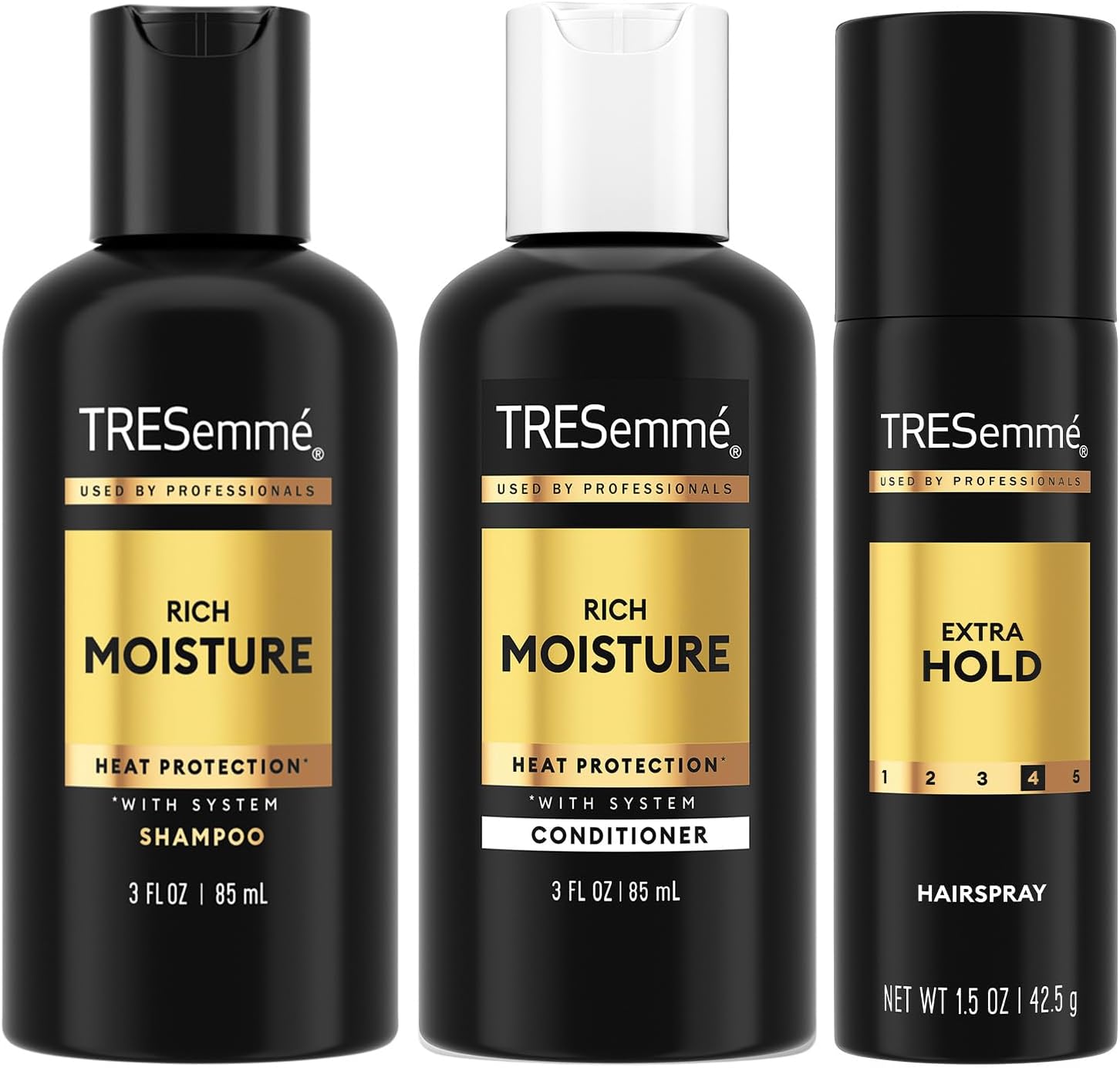 Travel Essentials for Hair Care – Rich Moisture Shampoo, Conditioner & Extra Hold Hairspray for Heat Protection & 24H Frizz Control