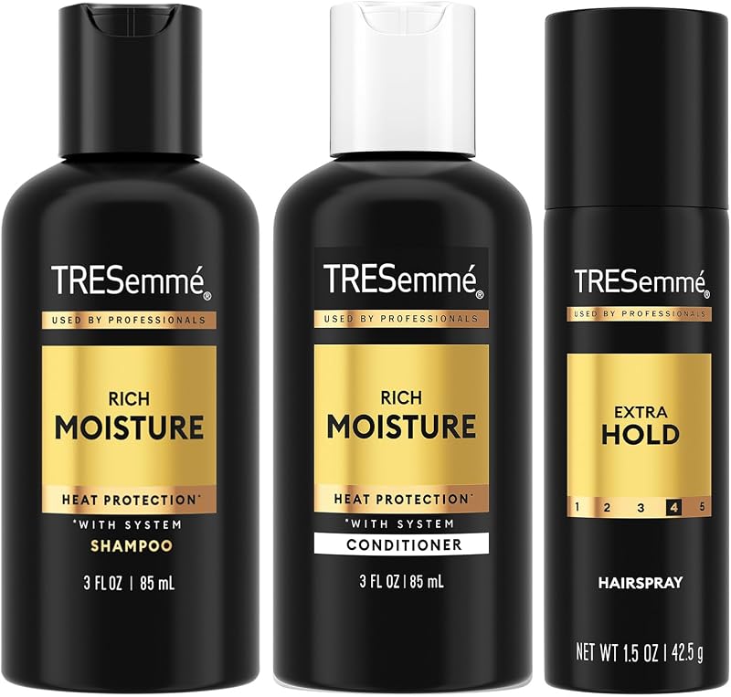 TRESemmé Travel Essentials para el cuidado del cabello: champú humectante rico, acondicionador y laca para el cabello de fijación extra para protección contra el calor y control del encrespamiento las 24 horas