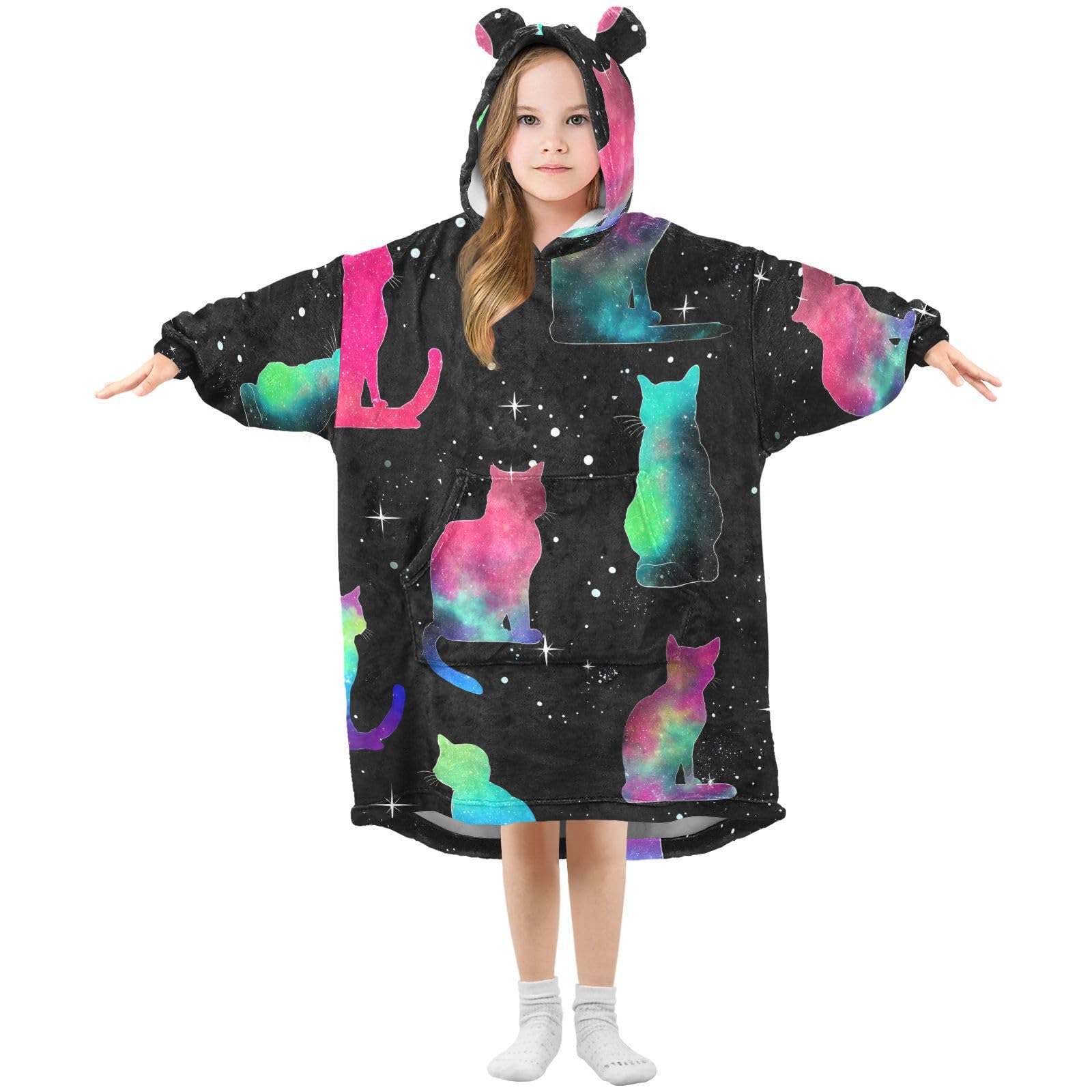 Kids Oversized Blanket Hoodie, Galaxy Cat Pattern Warm Fleece Sweatshirt Plush Wearable for Girls Boys, Front Roomy Pocket, Cute Ear Cap, Medium