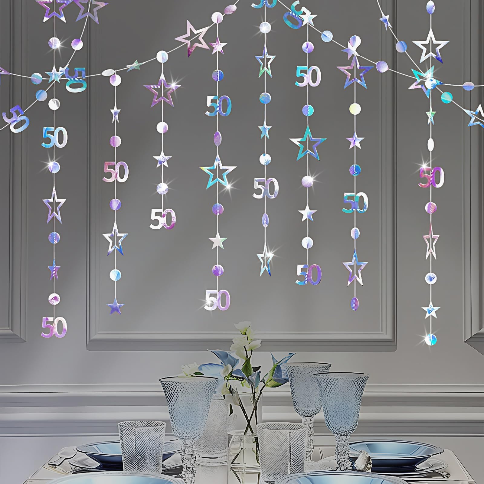 Zhiaek 12m 50th Birthday Decorations Iridescent 50th Birthday Banner Number 50 Circle Dot Star Garland Paper Decorations Hanging for Holiday Wedding Anniversary Theme Party Supplies