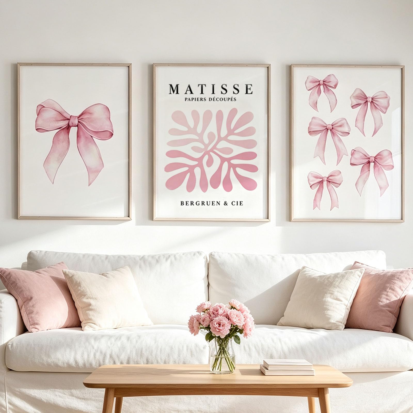 ZBELLO Set of 3 Pink Bow Canvas Wall Art, Abstract Flower Market Prints, Coquette Aesthetic Unframed Posters for Girls Bedroom Living Room Home Decor (40x50cm)