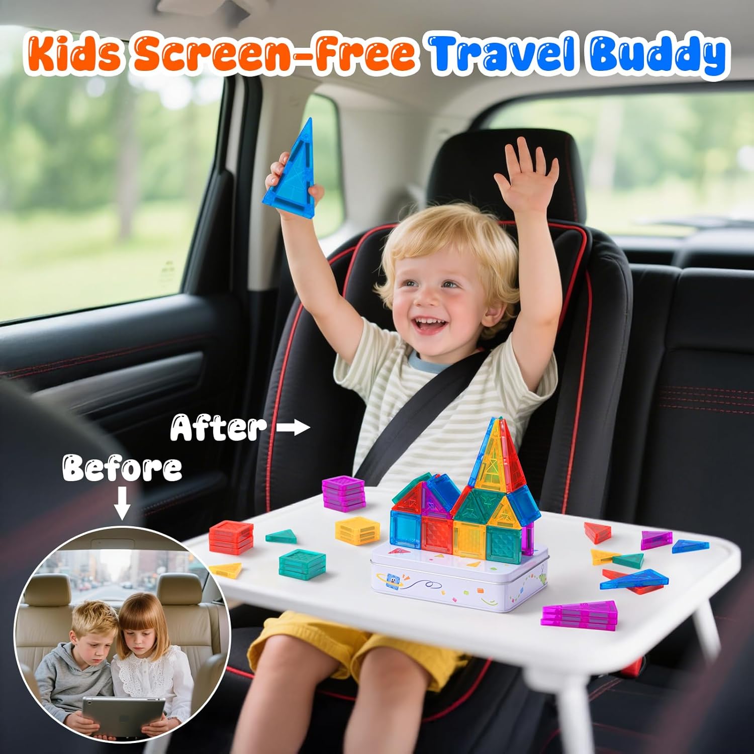 Mini Magnetic Tiles with Iron Case, 60 Pcs Travel Magnetic Toys Set, Magnet Building Block Set, Ideal Travel Companion for Kids 3+, Travel Toys Gifts for Boys & Girls Birthday Christmas