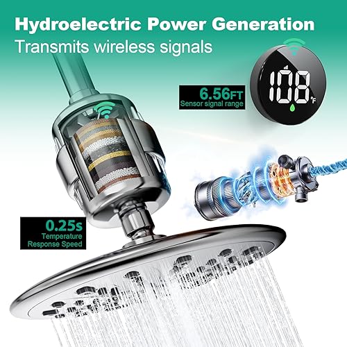 Miniatura 7 de Tem8 - Accesorio de filtro de ducha de baño con pantalla de temperatura inalámbrica, purificador de agua dura 99.99 % elimina el cloro y los metales