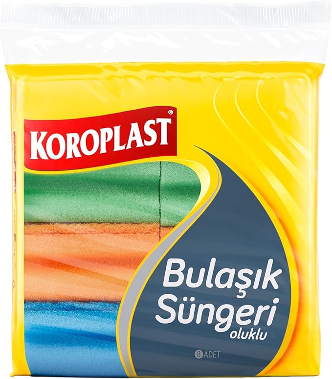 Koroplast Çift Taraflı Oluklu Bulaşık Süngeri 8'li, Çizik & İz Bırakmaz, Yağ ve Leke Çıkarıcı Mutfak Temizlik Süngeri, Tava, Tencere, Tabak, Bardak, Çatal, Bıçak, Ocak, Tezgah, Cam & Seramik Yüzeyler