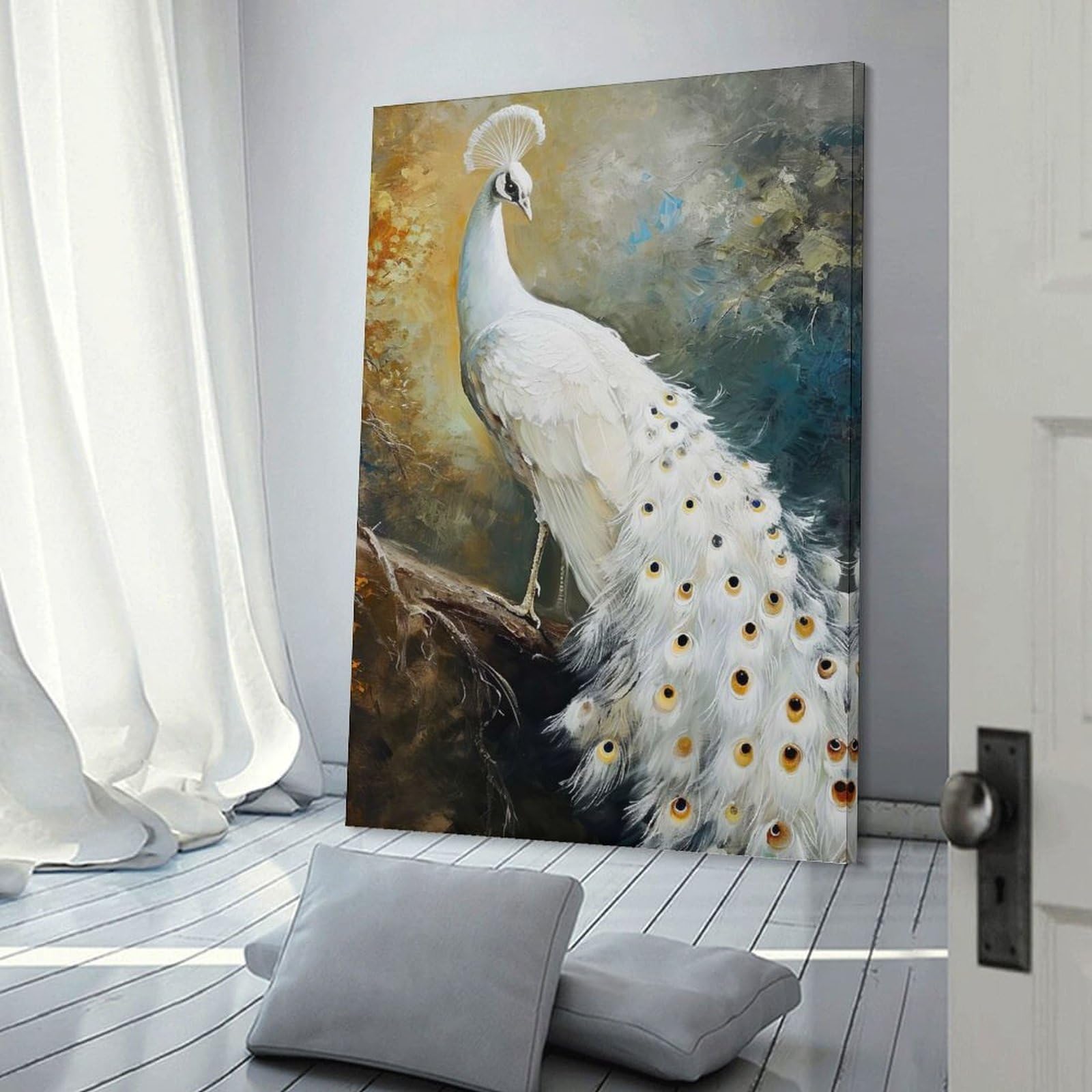 Junmoney Decorative Canvas Print Ivory Plume Perch, 24x36inch(60x90cm), for Home Office, Desk Area Or Studio, Home Office Artwork with Decorative Appeal