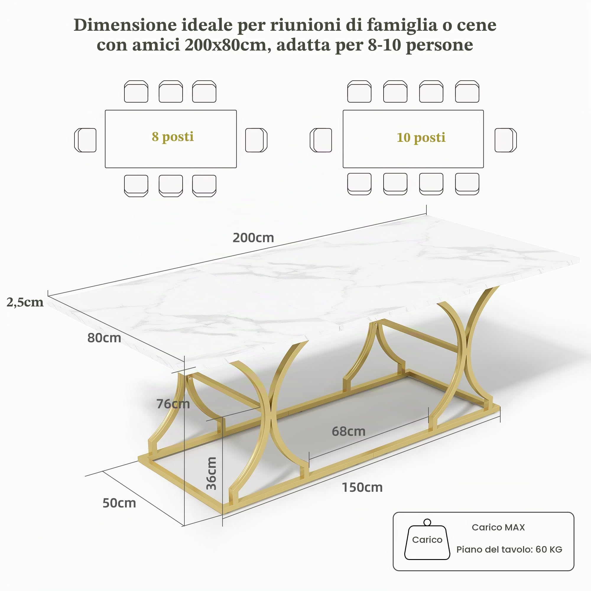 MURUL Tavolo da pranzo 200 x 80 x 76 cm, bianco/oro, effetto marmo, per 8-10 persone, spessore 2,5 cm, resistente all'acqua e ai graffi, gambe in metallo dorato con scorrevoli regolabili per soggiorno