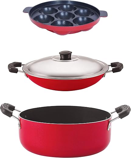 Nirlon Non-Stick Odor Free 3 Piece Gas Compatible Cookware Combo Set Offer with Bakelite Handle, Red and Black Color (AC_AP7_CS24)