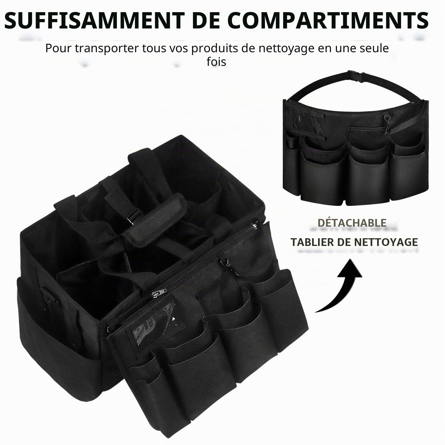 Boczif Sac de Nettoyage Portable, Organiseur de Fournitures de Nettoyage avec poignée, Bretelles et séparation Amovible, Organiseur d'outils de Nettoyage pour nettoyeurs et Femmes de ménage (Noir)