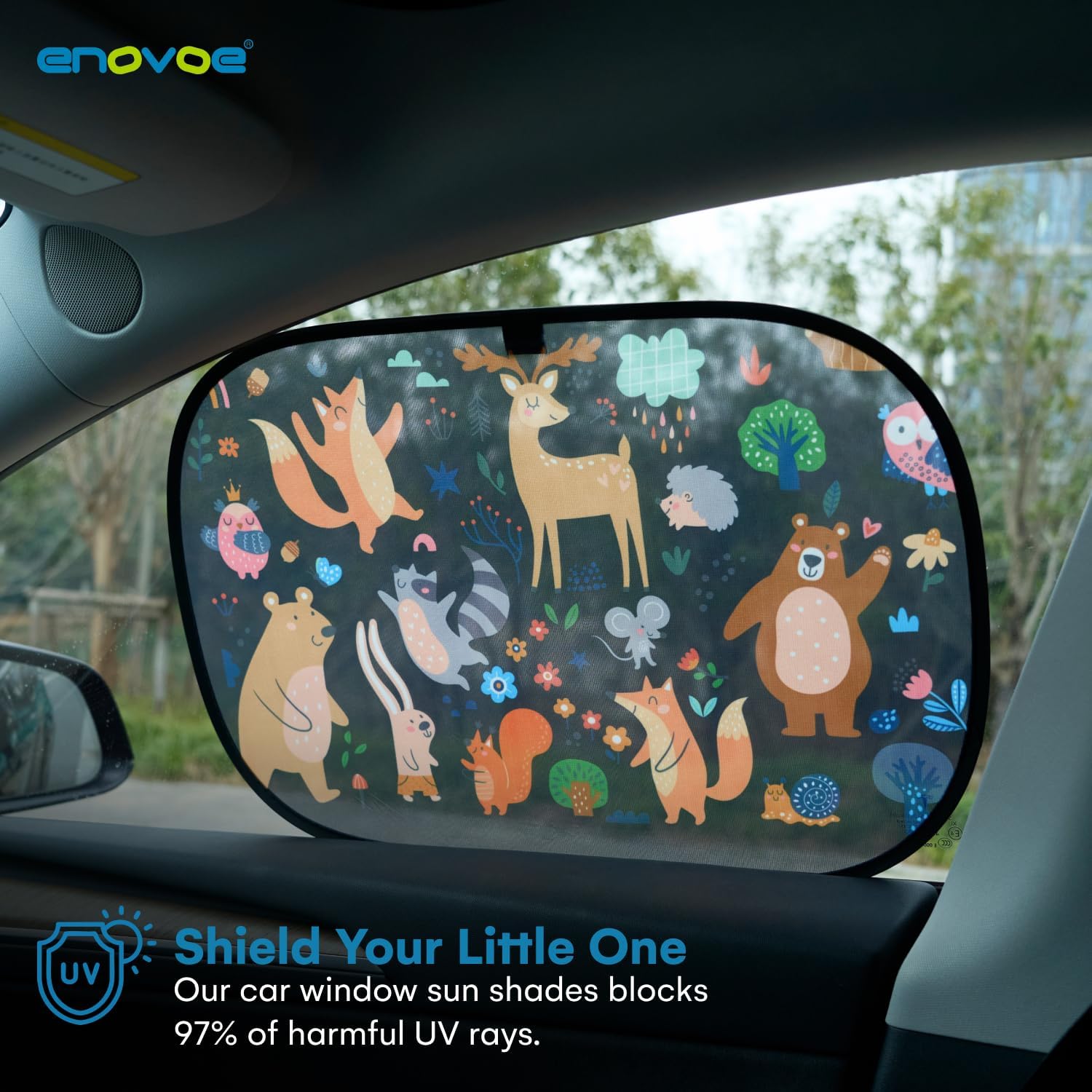 Enovoe Colorful Cartoon Animal Design car Window Shades for Baby - (4 Pack) - 21"x14" - Car Sun Shade, Cling Baby Sun Shade - Glare and UV Rays Protection for Your Child - Window Shades for car Baby