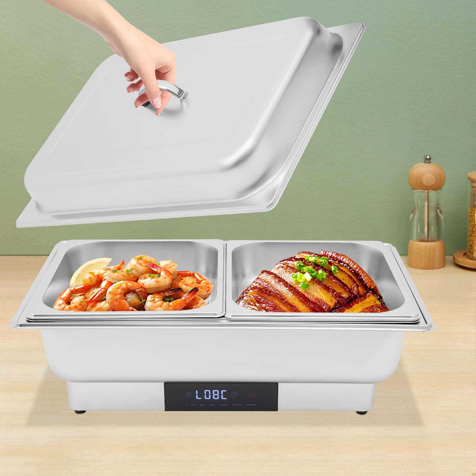 Chafing Dish elettrico in acciaio inox da 9 l, con coperchio e touch screen digitale, per buffet, 35-90 °C, per ristoranti e feste, 56 x 26 x 36 cm (1 scomparto + 2 piccoli scomparti, 9 l)