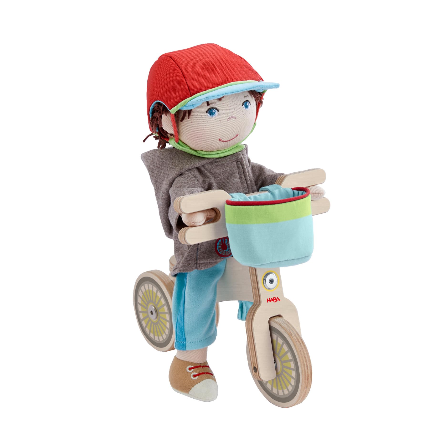 HABA Lian Balance Bike Set - Wooden Balance Bike with Lian Doll, Bicycle Helmet and Bicycle Basket - Bicycle with Double Wheel for Secure Stand - 2011905001