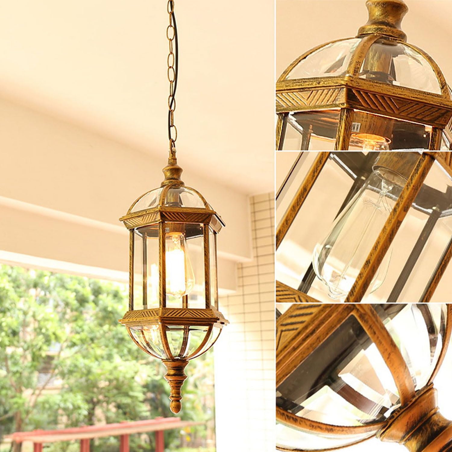 Lampe Suspendue extérieure rétro IP55 Lampe à Suspension extérieure étanche E27 en Aluminium, Lanterne Suspendue extérieure Antique Rustique en Verre pour Porche Villa pavillon loft entrée