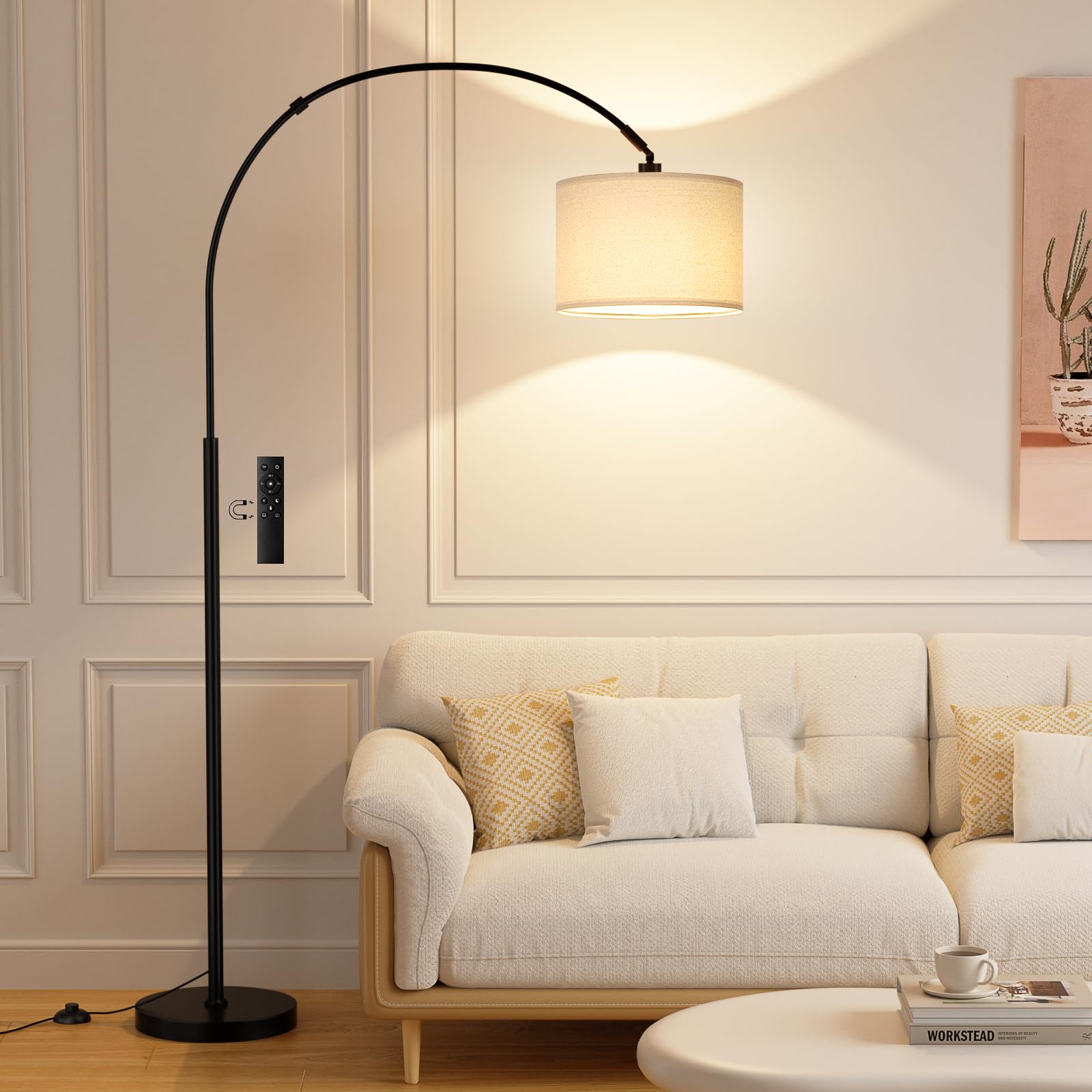 Stehlampe Wohnzimmer Dimmbar Bogenlampe, LED E27 Leselampe mit Fernbedienung 3000K-6000K, Vintage Standing Lamp Standlampe für Schlafzimmer, 350°Drehbarer Lampenkopf, 180cm, Beige