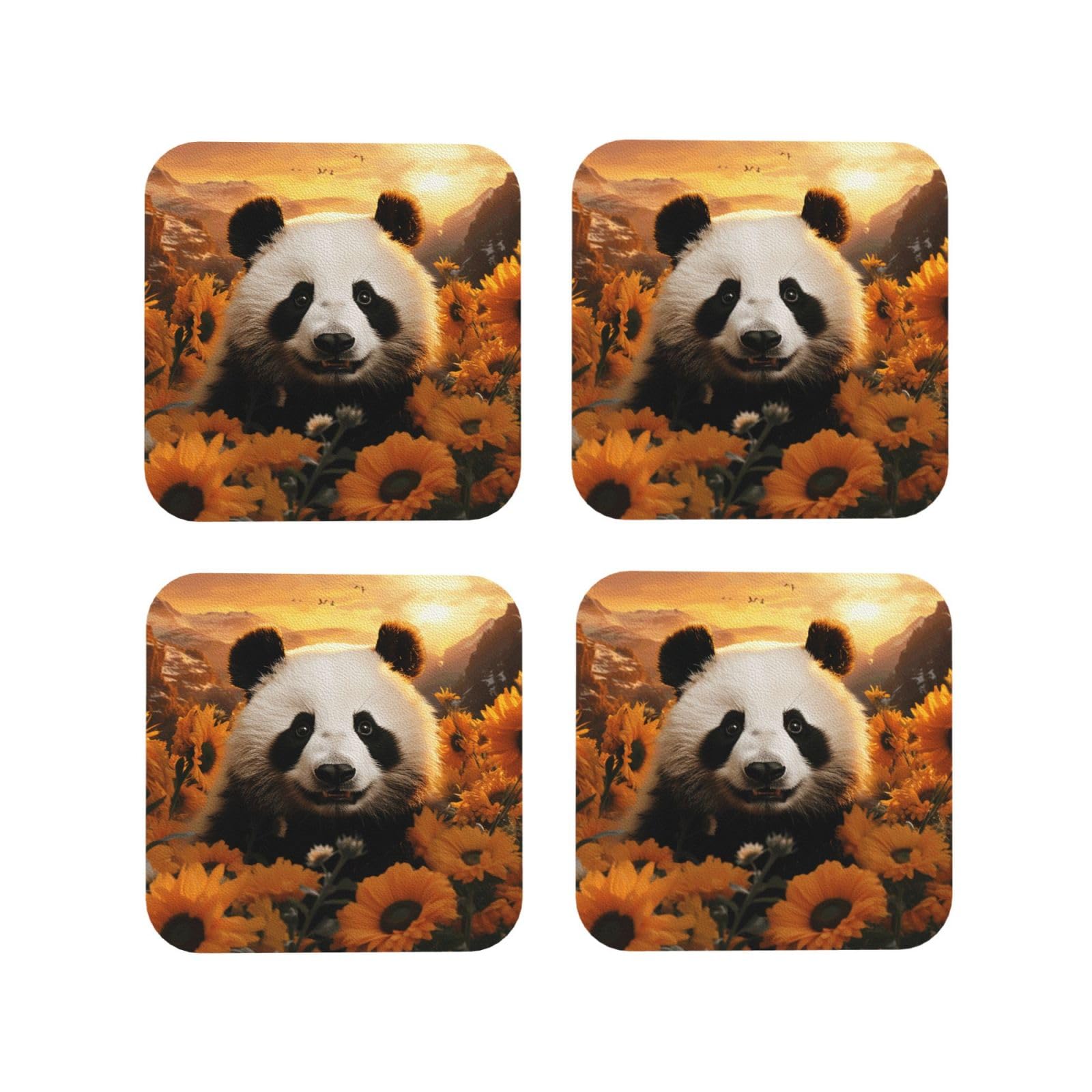 4Pcs PU Leather Coaster for Drinks, Panda and Sunflower Cup Coastersr 4" Cup Mat Pad, Aesthetic Drink Coasters for Coffee Table, Square Coaster for Tabletop Protection