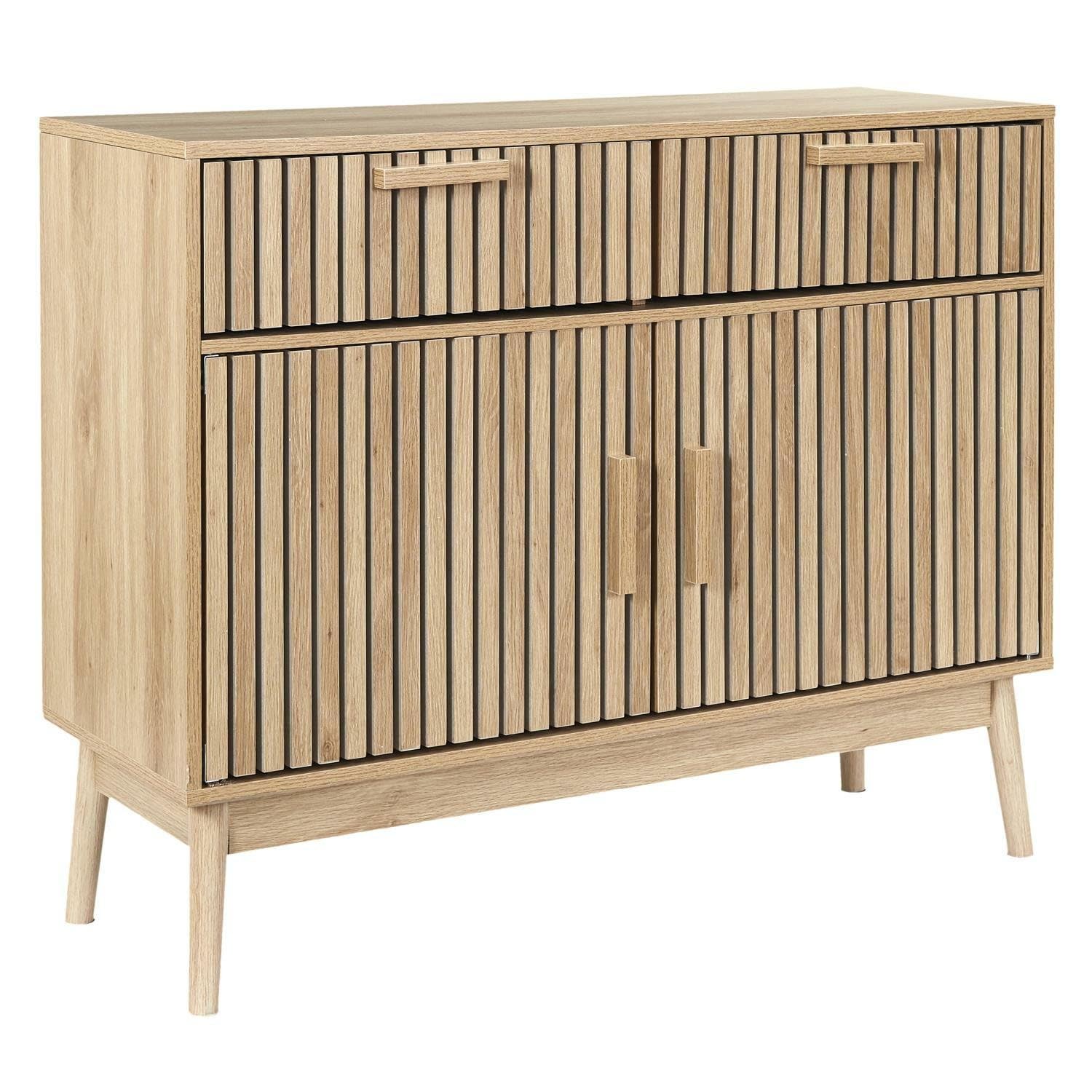 Commode Linea couleur chêne – Buffet avec 2 tiroirs et 2 portes, façades modernes avec fraisage vertical, meuble pour salon, salle à manger, couloir