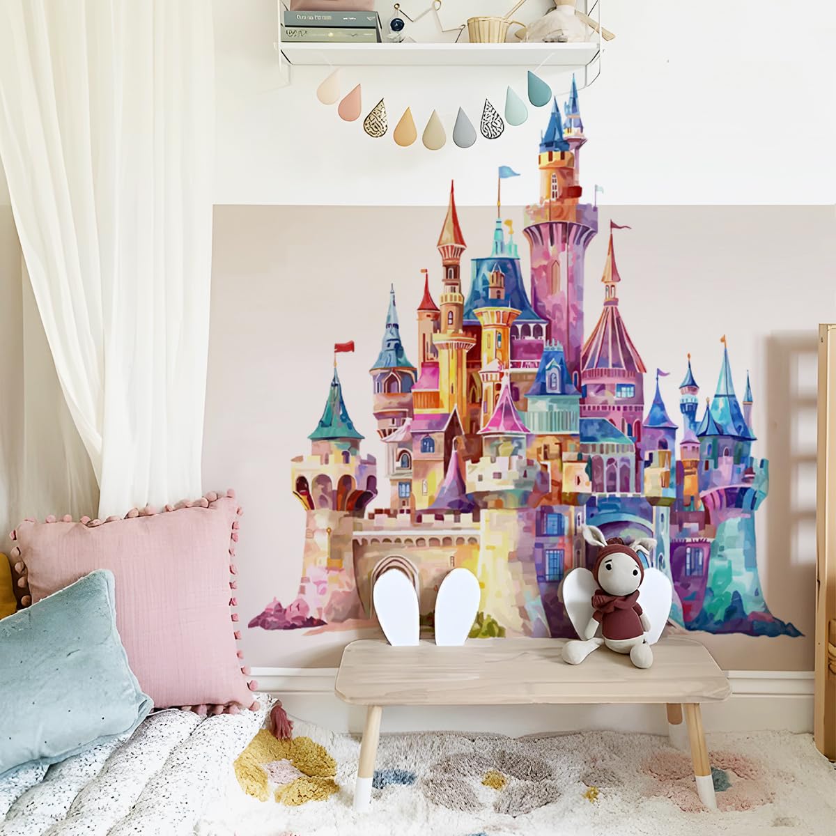 Runtoo Princess Castle Wall Decals for Girls Bedroom Watercolor Fairy Tale Wall Stickers Peel and Stick Kids Baby Nursery Wall Decor - Image 2