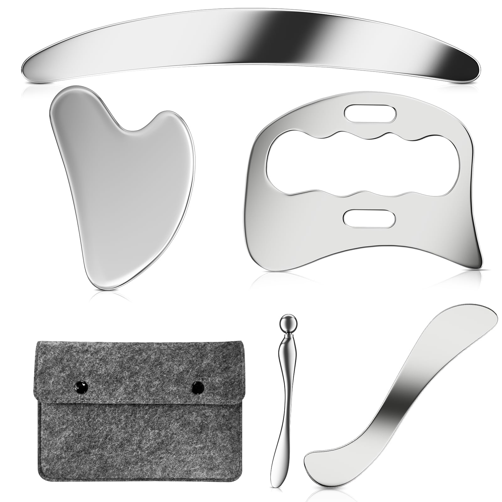 Conjunto de raspador muscular guasha, aço inoxidável 304, kit de massagem Gua Sha 5 em 1