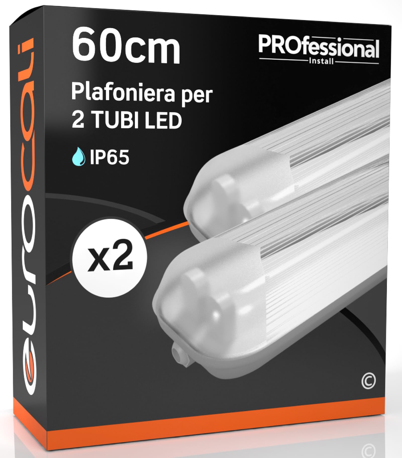 Eurocali Plafoniera 60 cm per 2 Tubi LED (Non Inclusi) Impermeabile IP65 in ABS/PS con Copertura Trasparente e Colore Grigio - Sostituzione Neon - Pacco da 2
