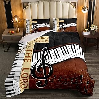 Feelyou Piano Music Themed Comforter Musical Bedding Set for Kids Boys Girls Teens Decor Piano Instruments Print Comforter Set Popstar Party Brown Black White Duvet Set Queen Size Boys