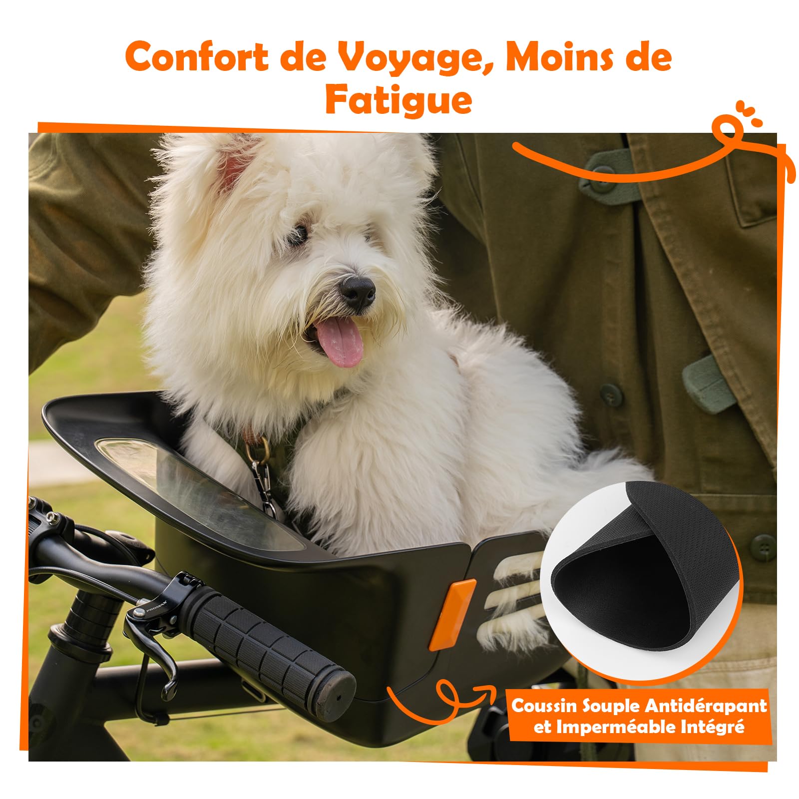 Panier de Vélo Avant pour Chien Chat 12KG, Siège Robuste Intégré, Coussin Nylon Imperméable, Sangles Réglables, Cadre Métal Antirouille