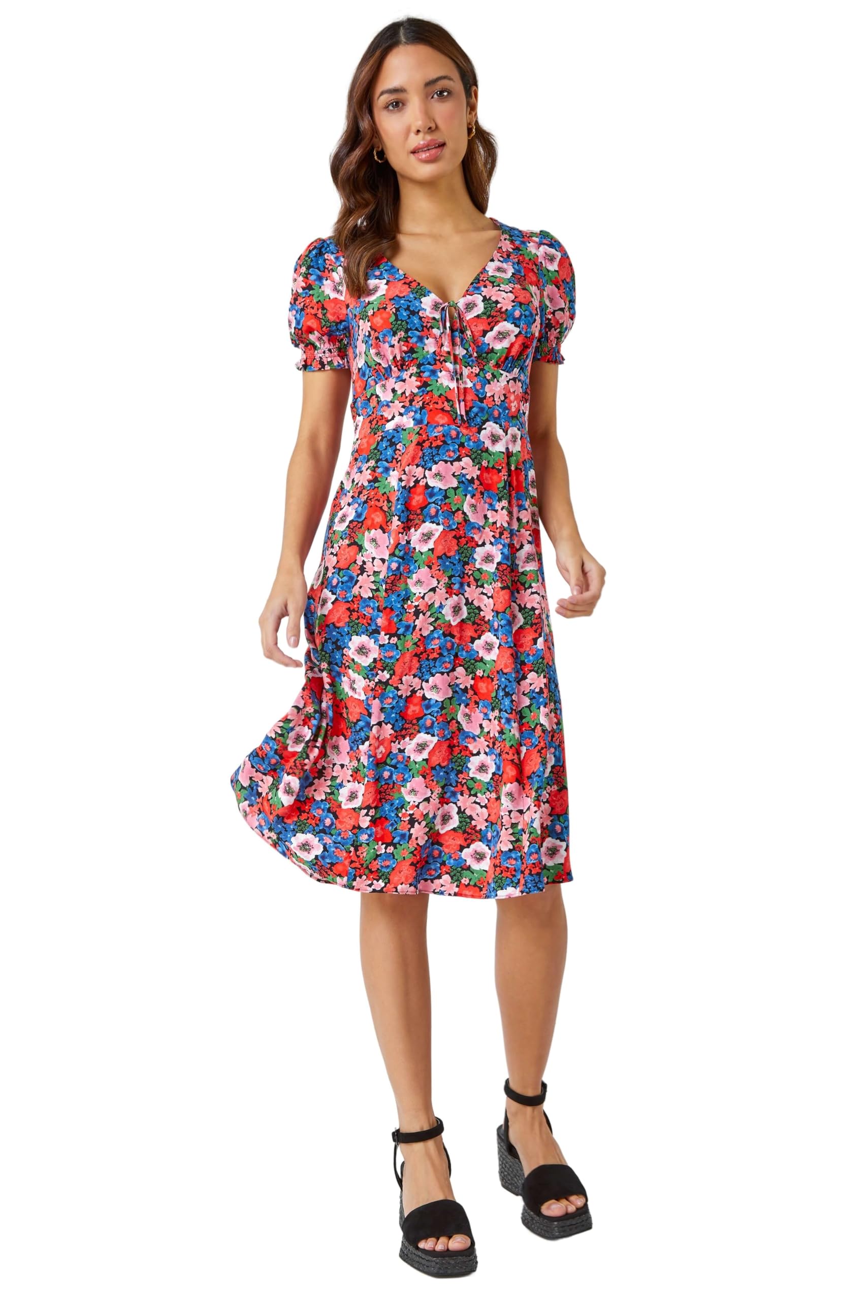 Roman Women's Red Frill Sleeve Floral Tea Dress In | Size: 20